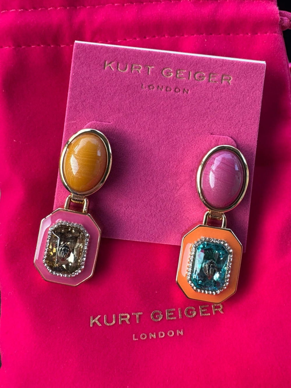 NWT Kurt Geiger London Crystal & Enamel Mismatched Drop Earrings in Gold Multi